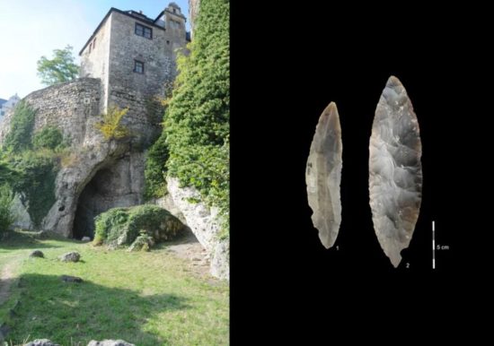 Фото: Тим Шюдер, Жозефина Шуберт. Слева - пещера Ильзенхеле под замком Ранис, справа - каменные орудия
